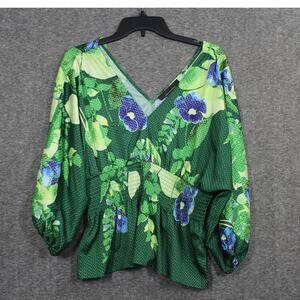 WHBM KIMONO SLEEVE GREEN PEPLUM SMOCKED WAIST BLOUSE SIZE MEDIUM